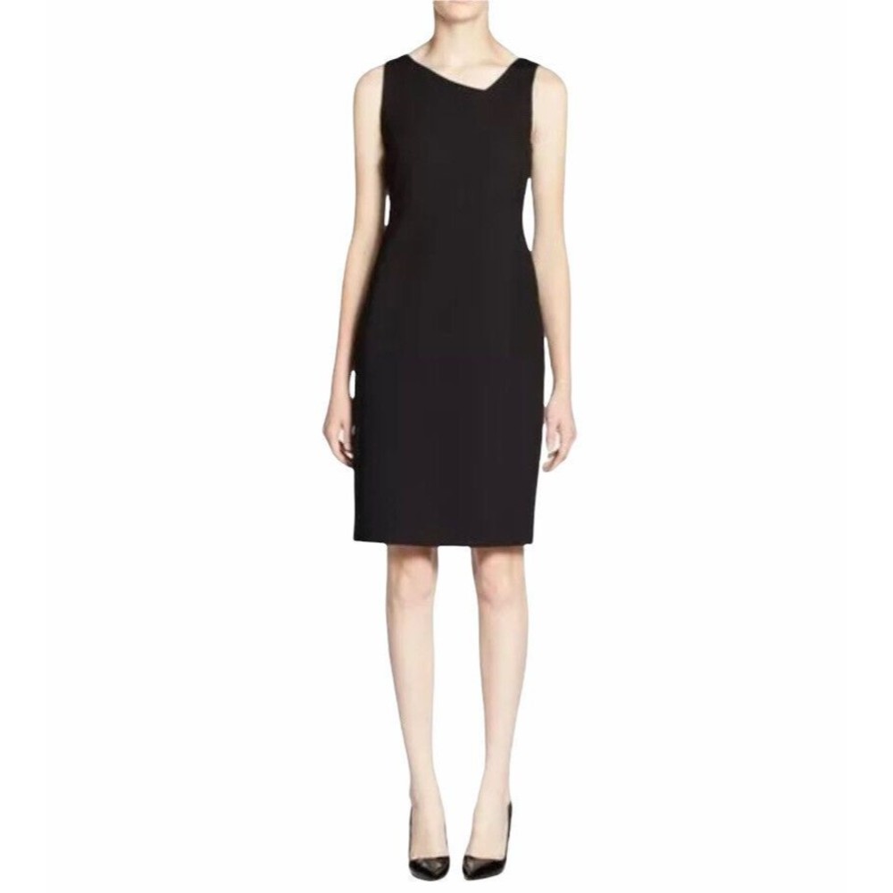 Eileen Fisher Black Ponte Knit Asymmetric Neck Stretch Sheath Dress Size 8